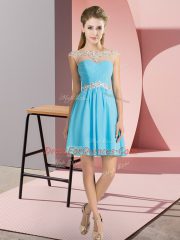 Luxurious Chiffon Bateau Cap Sleeves Lace Up Beading Quinceanera Dama Dress in Aqua Blue