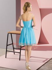 Luxurious Chiffon Bateau Cap Sleeves Lace Up Beading Quinceanera Dama Dress in Aqua Blue
