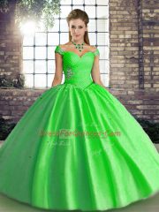 Shining Green Sleeveless Floor Length Beading Lace Up Sweet 16 Quinceanera Dress
