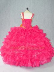 Stylish Organza Straps Sleeveless Lace Up Beading and Ruffles Sweet 16 Quinceanera Dress in Red