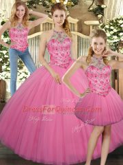Lovely Rose Pink Sleeveless Embroidery Floor Length Quinceanera Gowns