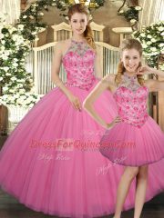 Lovely Rose Pink Sleeveless Embroidery Floor Length Quinceanera Gowns