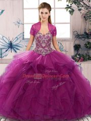 Most Popular Off The Shoulder Sleeveless Quinceanera Gown Floor Length Beading and Ruffles Fuchsia Tulle