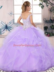 Most Popular Off The Shoulder Sleeveless Quinceanera Gown Floor Length Beading and Ruffles Fuchsia Tulle