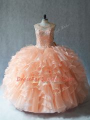 Floor Length Peach Sweet 16 Quinceanera Dress Scoop Sleeveless Lace Up