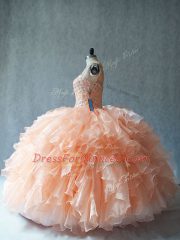 Floor Length Peach Sweet 16 Quinceanera Dress Scoop Sleeveless Lace Up