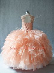 Floor Length Peach Sweet 16 Quinceanera Dress Scoop Sleeveless Lace Up
