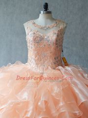 Floor Length Peach Sweet 16 Quinceanera Dress Scoop Sleeveless Lace Up