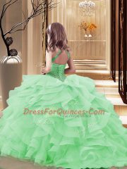 Pink Ball Gowns Organza Scoop Sleeveless Beading and Ruffles Floor Length Lace Up Little Girls Pageant Dress