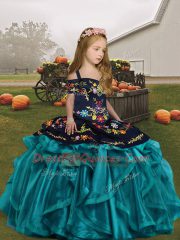 Sleeveless Organza Floor Length Lace Up Kids Pageant Dress in Teal with Embroidery and Ruffles