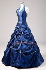 Perfect Royal Blue Taffeta Lace Up Halter Top Sleeveless Floor Length Sweet 16 Dresses Appliques and Pick Ups