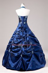 Perfect Royal Blue Taffeta Lace Up Halter Top Sleeveless Floor Length Sweet 16 Dresses Appliques and Pick Ups