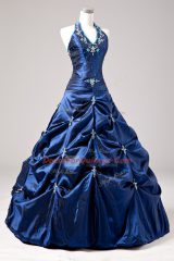 Perfect Royal Blue Taffeta Lace Up Halter Top Sleeveless Floor Length Sweet 16 Dresses Appliques and Pick Ups