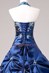Perfect Royal Blue Taffeta Lace Up Halter Top Sleeveless Floor Length Sweet 16 Dresses Appliques and Pick Ups