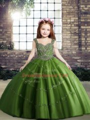 Green Sleeveless Floor Length Beading Lace Up Evening Gowns