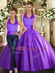 Most Popular Halter Top Sleeveless Sweet 16 Dresses Floor Length Beading Purple Tulle