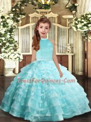 Superior Halter Top Sleeveless Pageant Gowns Floor Length Beading and Ruffled Layers Aqua Blue Organza