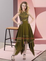 Sleeveless Chiffon Asymmetrical Zipper Prom Dress in Olive Green with Beading and Sequins