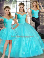 Beading and Appliques Quinceanera Gowns Aqua Blue Lace Up Sleeveless Floor Length