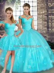 Beading and Appliques Quinceanera Gowns Aqua Blue Lace Up Sleeveless Floor Length