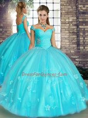 Beading and Appliques Quinceanera Gowns Aqua Blue Lace Up Sleeveless Floor Length