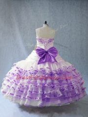 Noble White And Purple Sleeveless Embroidery and Ruffled Layers and Bowknot Floor Length 15 Quinceanera Dress