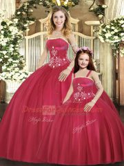 Affordable Red Quinceanera Gowns Sweet 16 and Quinceanera with Beading Strapless Sleeveless Lace Up