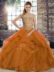Super Orange Ball Gowns Beading and Ruffles Sweet 16 Dress Lace Up Tulle Sleeveless