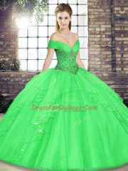 Inexpensive Beading and Ruffles Ball Gown Prom Dress Green Lace Up Sleeveless Floor Length
