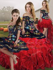 Nice Red And Black Ball Gowns Off The Shoulder Sleeveless Organza Floor Length Lace Up Embroidery and Ruffles Quinceanera Dresses