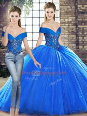 Modest Royal Blue Sleeveless Beading Lace Up Quince Ball Gowns