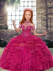 Fantastic Fuchsia Sleeveless Tulle Lace Up Little Girl Pageant Gowns for Party and Wedding Party