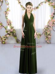 Fantastic Floor Length Lace Up Dama Dress for Quinceanera Olive Green for Wedding Party with Ruching