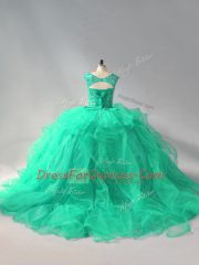 Adorable Organza Scoop Sleeveless Lace Up Beading and Ruffles Sweet 16 Dresses in Turquoise