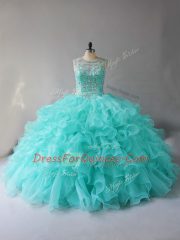Fancy Sleeveless Beading and Ruffles Lace Up 15 Quinceanera Dress with Aqua Blue