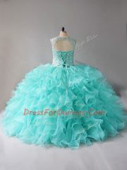 Fancy Sleeveless Beading and Ruffles Lace Up 15 Quinceanera Dress with Aqua Blue
