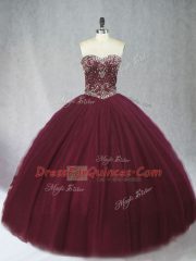 Ball Gowns 15 Quinceanera Dress Burgundy Sweetheart Tulle Sleeveless Floor Length Lace Up