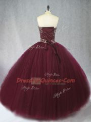 Ball Gowns 15 Quinceanera Dress Burgundy Sweetheart Tulle Sleeveless Floor Length Lace Up