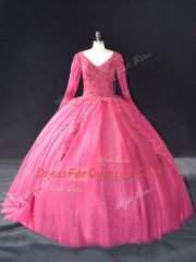 Flirting Hot Pink Lace Up V-neck Lace and Appliques Quinceanera Gown Tulle Long Sleeves