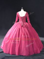 Flirting Hot Pink Lace Up V-neck Lace and Appliques Quinceanera Gown Tulle Long Sleeves