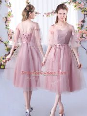 Comfortable Pink Empire V-neck Sleeveless Tulle Tea Length Lace Up Lace and Belt Quinceanera Court of Honor Dress