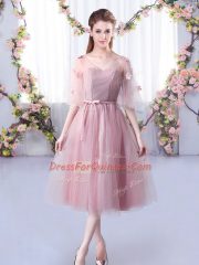 Comfortable Pink Empire V-neck Sleeveless Tulle Tea Length Lace Up Lace and Belt Quinceanera Court of Honor Dress