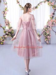 Comfortable Pink Empire V-neck Sleeveless Tulle Tea Length Lace Up Lace and Belt Quinceanera Court of Honor Dress