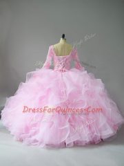 Pink Lace Up Sweet 16 Quinceanera Dress Lace and Ruffles Long Sleeves Floor Length