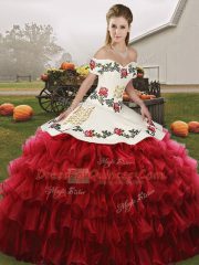 Elegant Floor Length Lace Up Sweet 16 Dress Wine Red for Military Ball and Sweet 16 and Quinceanera with Embroidery and Ruffled Layers