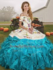 Floor Length Aqua Blue Ball Gown Prom Dress Off The Shoulder Sleeveless Lace Up