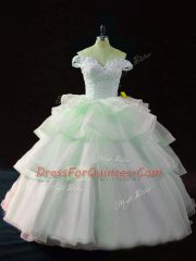 Apple Green Ball Gowns Off The Shoulder Sleeveless Organza Brush Train Lace Up Beading and Ruffled Layers 15 Quinceanera Dress