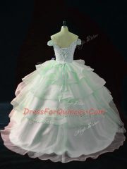Apple Green Ball Gowns Off The Shoulder Sleeveless Organza Brush Train Lace Up Beading and Ruffled Layers 15 Quinceanera Dress