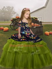 Beauteous Olive Green Ball Gowns Straps Sleeveless Tulle Floor Length Lace Up Embroidery Child Pageant Dress