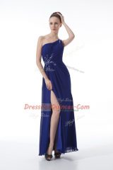 Customized Beading and Ruching Prom Dress Royal Blue Backless Sleeveless Floor Length